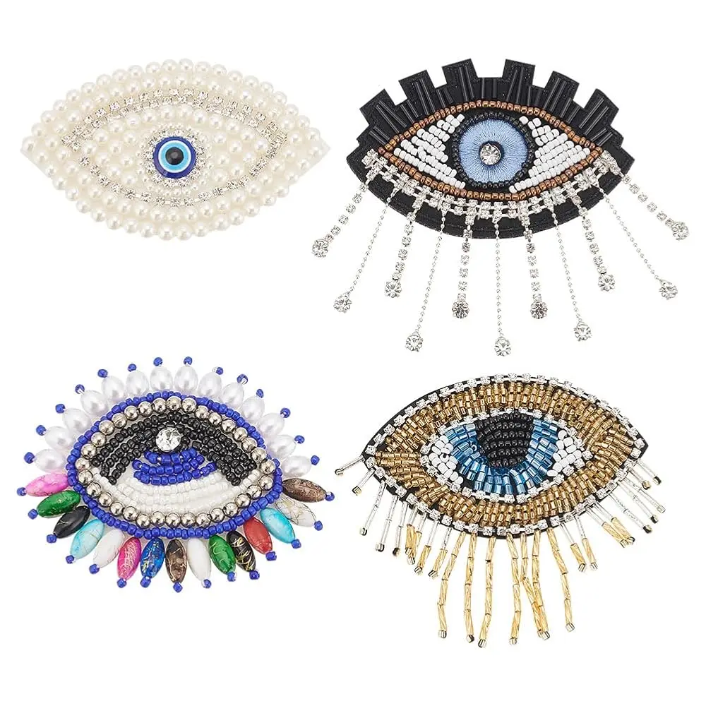 

4PCS Colorful Evil Eye Tassel Rhinestone Applique Sew-on Patches DIY Handmade Craft Applique Patches for Cloth Fabric Decor