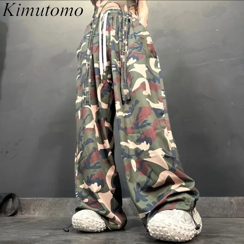 

Kimutomo Women Pants Y2k Aesthetic Loose Camouflage 2025 Streetwear Cargo Punk Straight Pants Grunge Harajuku Wide Leg Trouser
