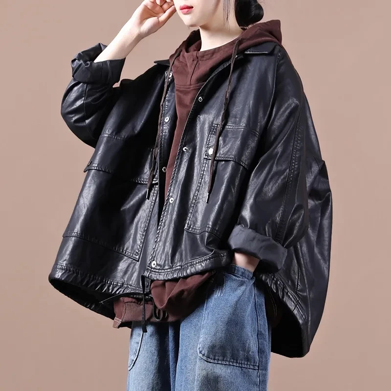 Chaqueta de cuero negro para mujer, Tops holgados Vintage de manga larga con solapa, chaqueta de cuero PU, abrigos de motocicleta para mujer, ropa de calle