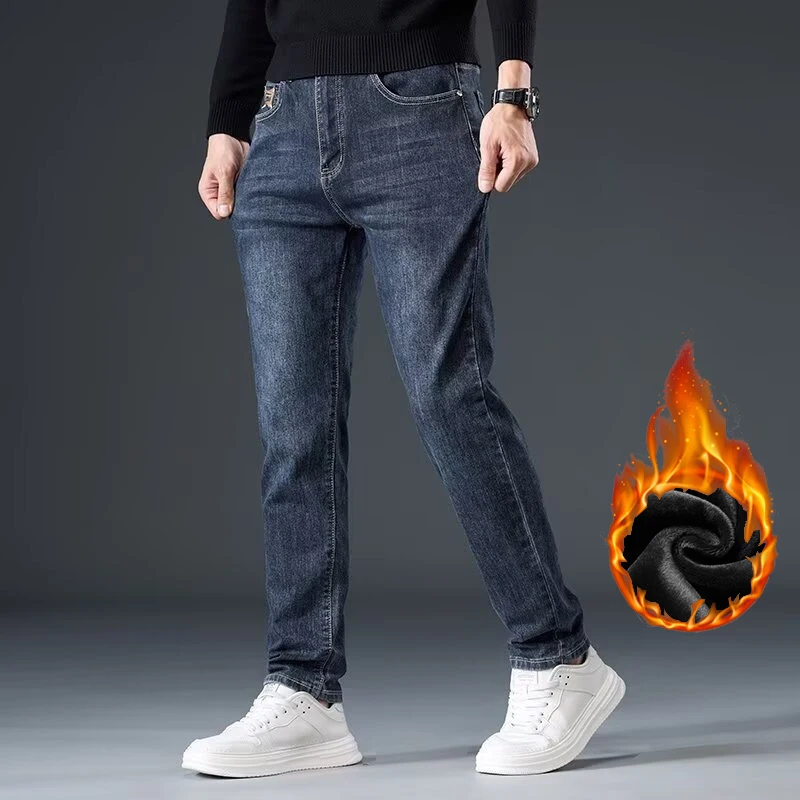 2026 New Men Thickened Warm Versatile Casual Pants Male Fashion Baggy Straight Leg Denim Pants Daily Windproof Fleece Jeans