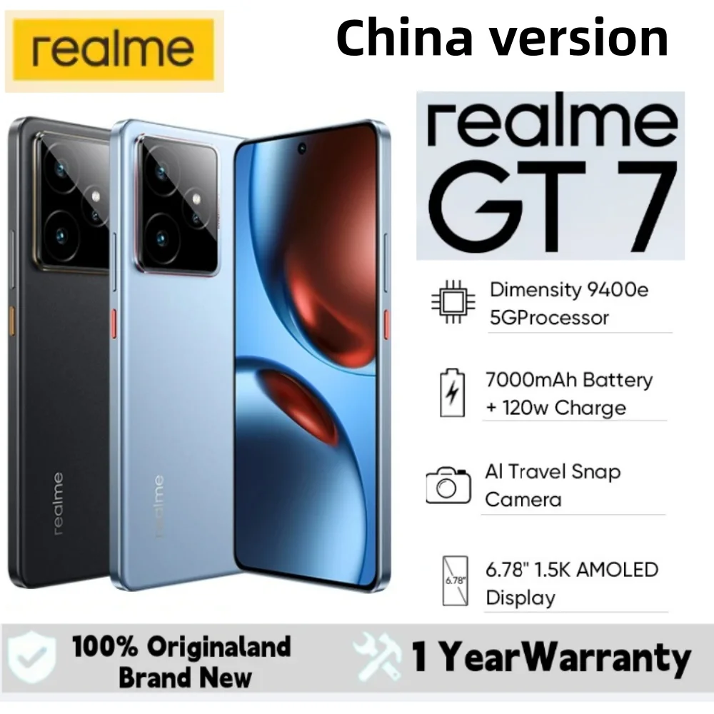 Китайская версия смартфона Realme GT 7 5G Размер 9400e Чипсет 7000 мАч Аккумулятор 120 Вт Зарядка 50 МП Sony IMX906 OIS Камера NFC