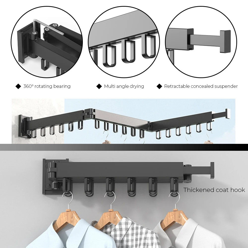 Retractable Wall Mount Space Saving Folding Clothes Hanger Cloth Drying Rack Aluminum Indoor and Outdoor