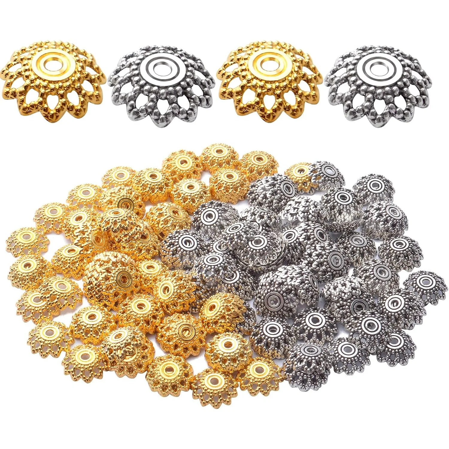 

200pcs Flower Filigree Bead Caps Alloy Spacer Beads Caps Flower End Caps Loose Beads for Bracelet Necklace DIY Jewelry Making