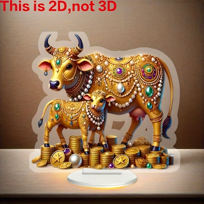 2D Flat, Bohemian Style Acrylic Cow And Calf Desktop Decoration - Wealth Theme, And Scratch-Resistant, Colorful Gemstone Design,