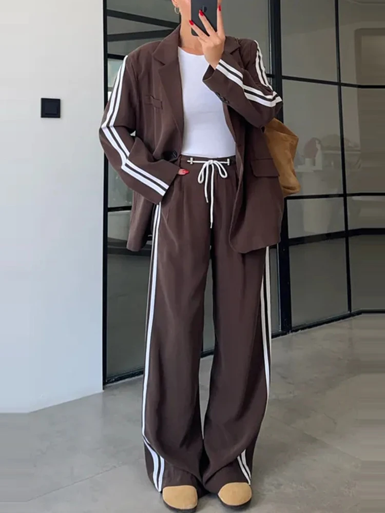 Classic vertical stripe splicing 2-piece set lapel long sleeved jacket+elastic waist wide leg pants set casual style set