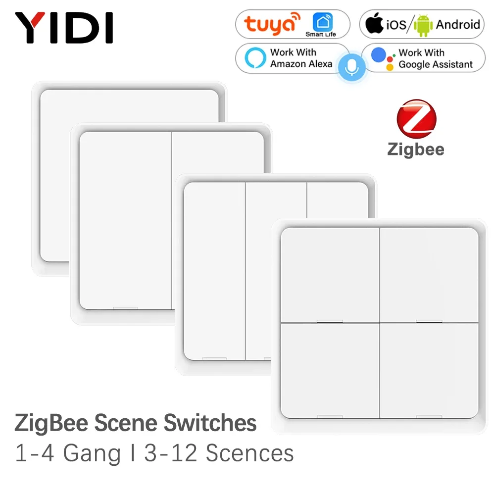 

ZigBee Wireless 4 Gang 12 Scene Tuya Switch Push Button Controller Battery Powered Automation Scenario Work Alexa Google Home