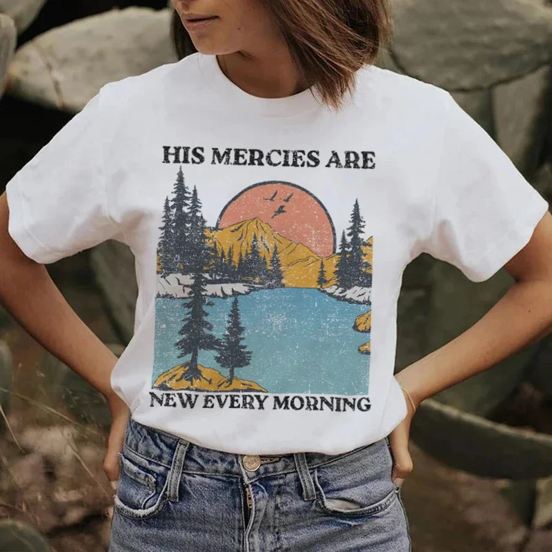 

His Mercies Women's Christian T-Shirts Short Sleeve Bible Verse Tee Shirt Vintage Boho Jesus Religious Tshirts Gifts Ladies Tops
