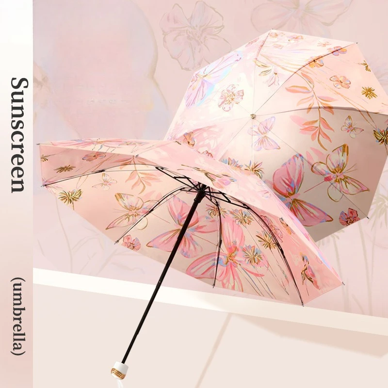 Double-sided Double-pattern Oil Painting Umbrella Women's Pink Umbrella for Rain and Sun Sunscreen Shading and UV Protection