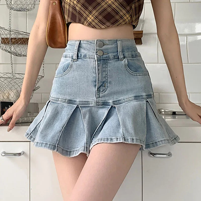 

American Retro Denim Short Skirt Double Button Elastic Pleated Denim Skirt Fashionable Street Style Slimming A-line Pattern