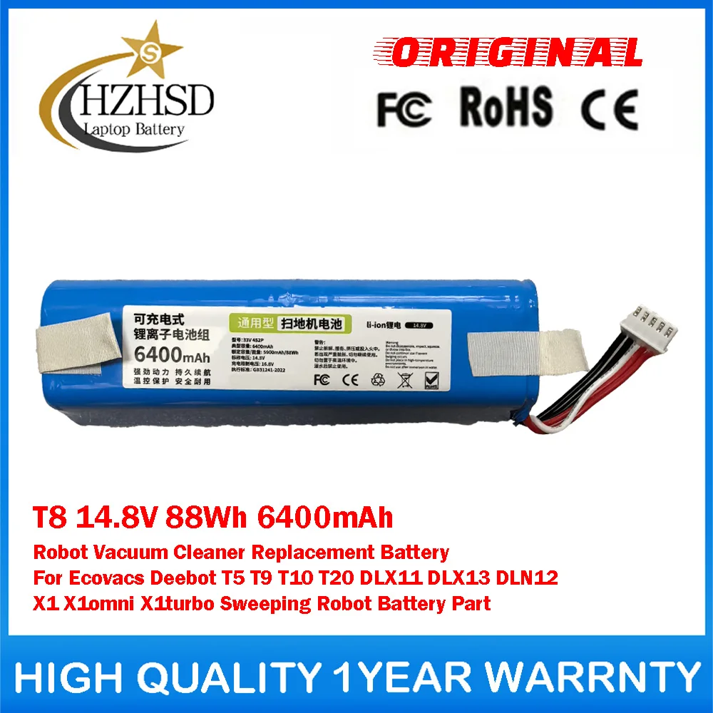 T8 14.8V 88Wh 6400mAh Robot Vacuum Cleaner Replacement Battery For Ecovacs Deebot T5 T9 T10 T20 DLX11 DLX13 DLN12 X1omni X1turbo