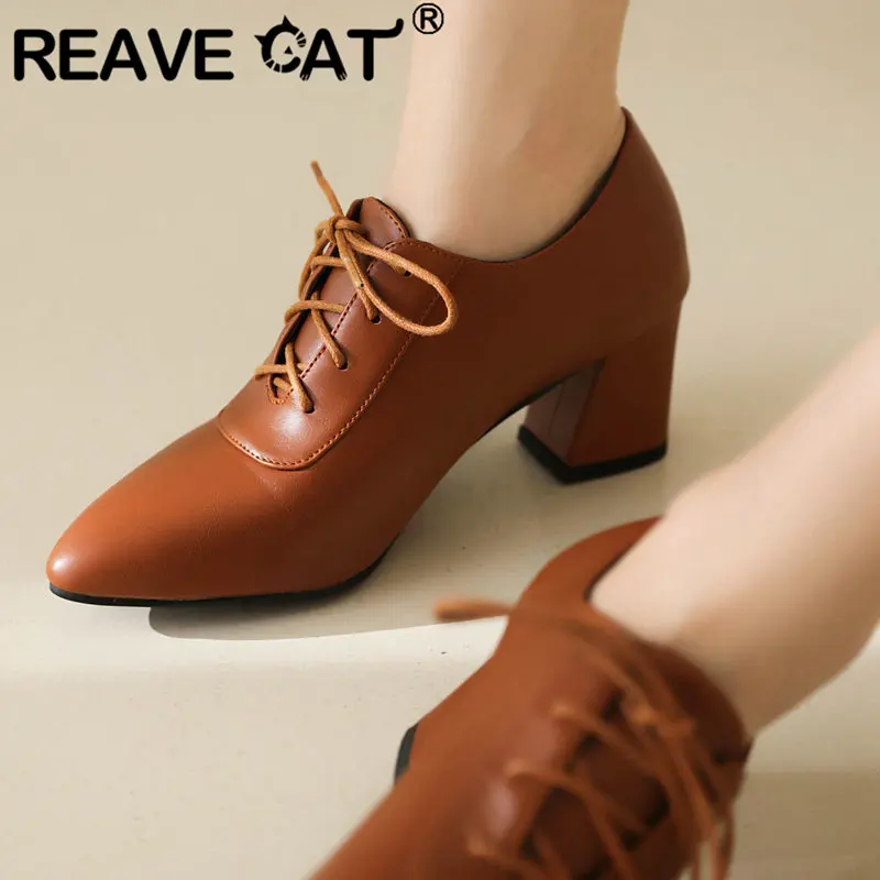 REAVE CAT Brand Women Pumps Pointed Toe Chunky Heels 6cm Lace Up Big Size 41 42 43 Office Lady Daily Female Shoes