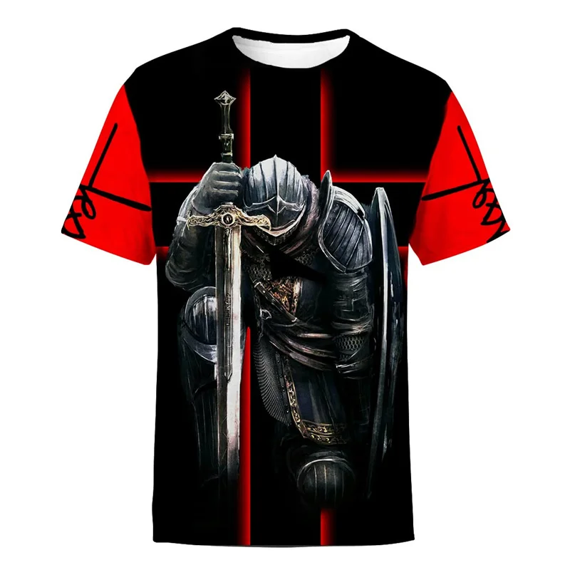 Jesus Cross Pattern T Shirt For Men Christianity Knight 3D Printed Short Sleeve Tees Summer Street Loose Tops O-Neck T-Shirts