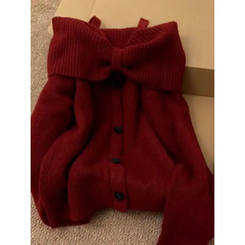 

Women Autumn Winter Sweater New Red Off Shoulder Bow Lazy Style High End Knit Tops Cute Kawaii Fashion Trendy Hot Popular