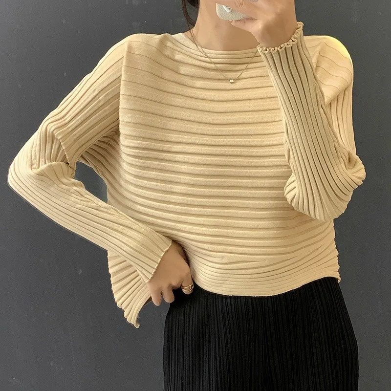 

Плиссированная футболка-топ Miyake 2026, новая женская свободная кофта с длинным рукавом, больших размеров, повседневный вязаный свитер для офиса и отдыха