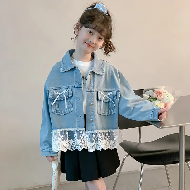 New Fashion Kids Girl Cool Denim Jacket with Lace Bottoms Teens Child Street Style Jeans Coat Autumn Outfit Age 5 7 9 11 13 14 Y