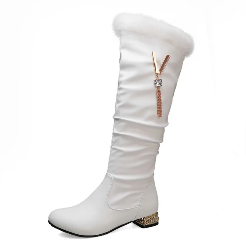 Winter Women Boots White Faux Fur Knee High Boots Rhinestone Round Toe Long Boots Low Heels Botas Mujer Warm Women Shoes WSH4934