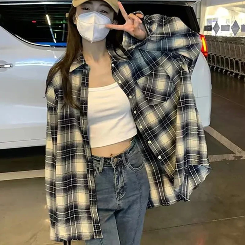 Rimocy Autumn All Match Plaid Shirts For Women Korean Fashion Button Up Oversized Shirt Woman 2024 Aesthetic Loose Blouse Female