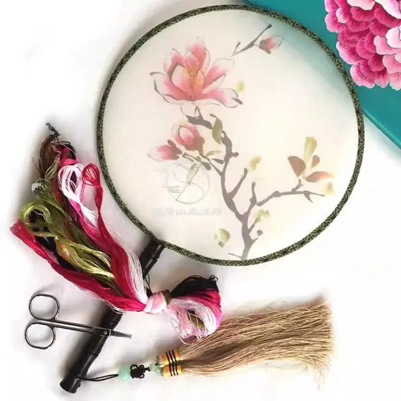 

Набор для вышивания для начинающих - двусторонний круглый веер, набор для рукоделия своими руками с предварительно напечатанной тканью, нитками и иглами