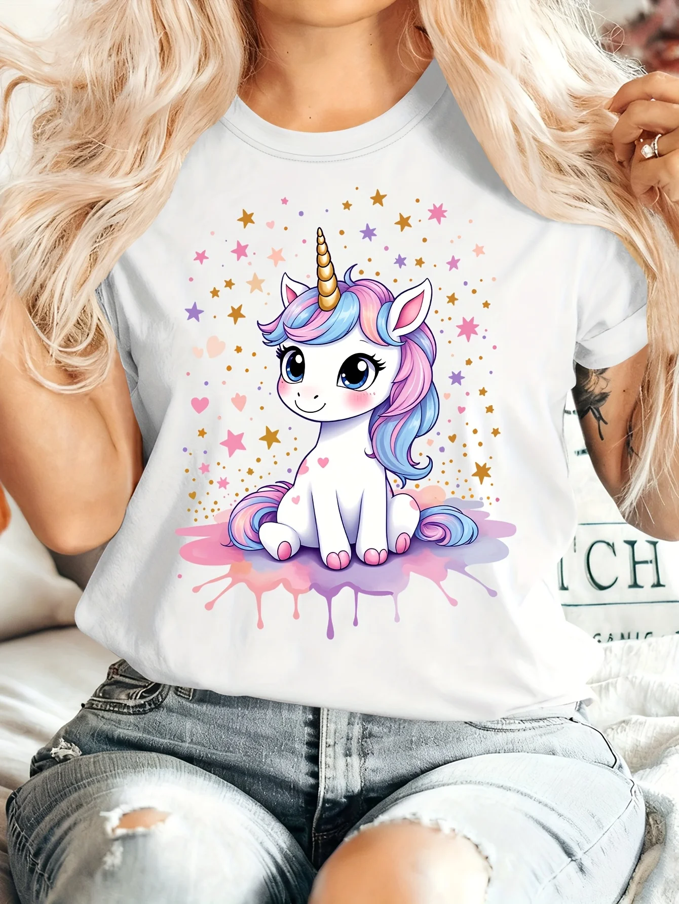 Women Crew Neck Tee Cute Rainbow Unicorn Star Heart Splash Graphic Print Short Sleeve Loose Ladies Cotton Plus Size Casual Top
