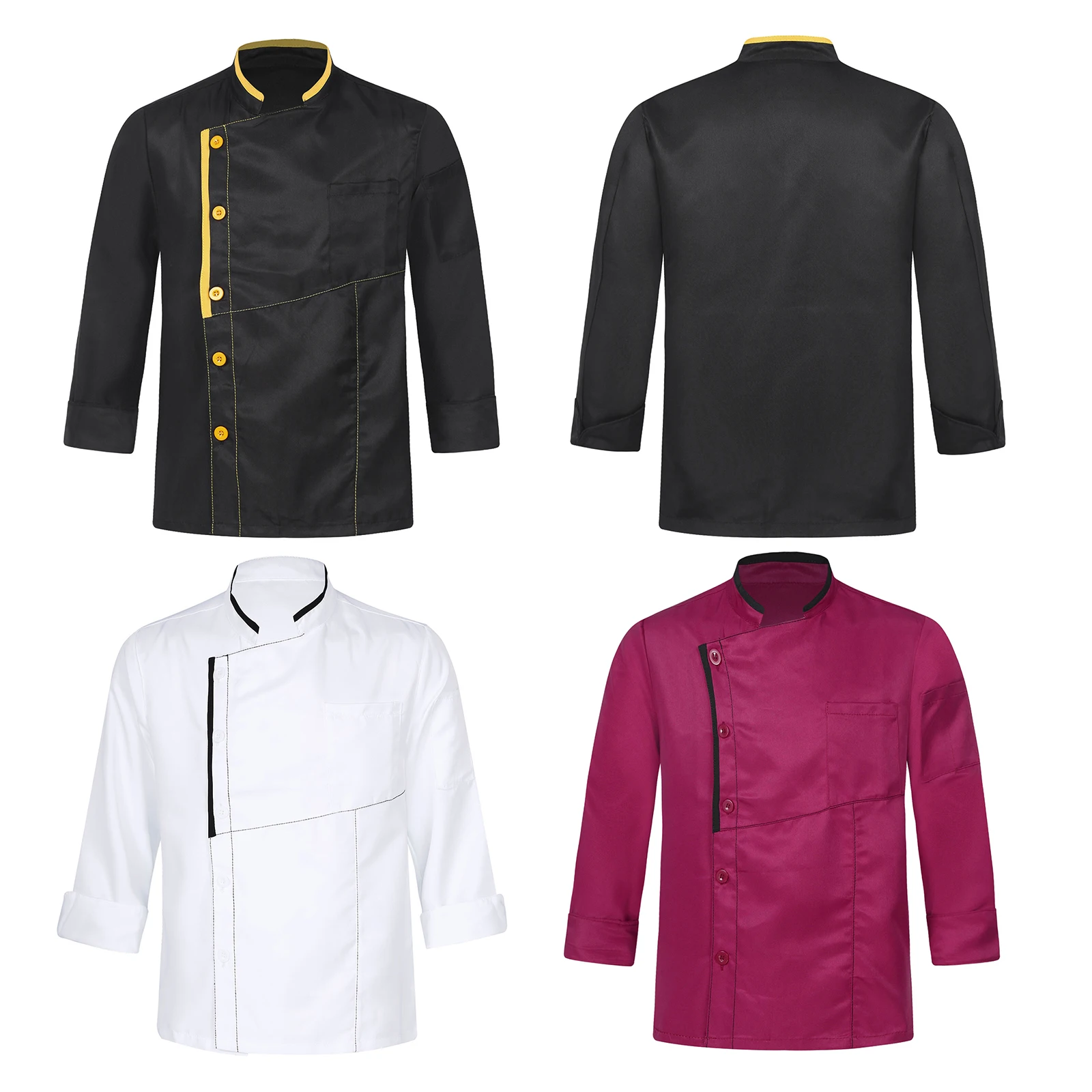 Giacca da cuoco da uomo con finiture a contrasto di colore da donna, colletto alla coreana Unisex, uniforme da cucina con tasche per cucinare al forno