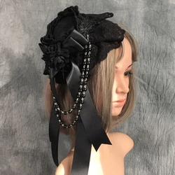 Girls Gothic Headdress Lace Top Hat Ribbon Bows Lolita Flower Bowknot Headwear Vintage Royal Style Halloween Headpiece