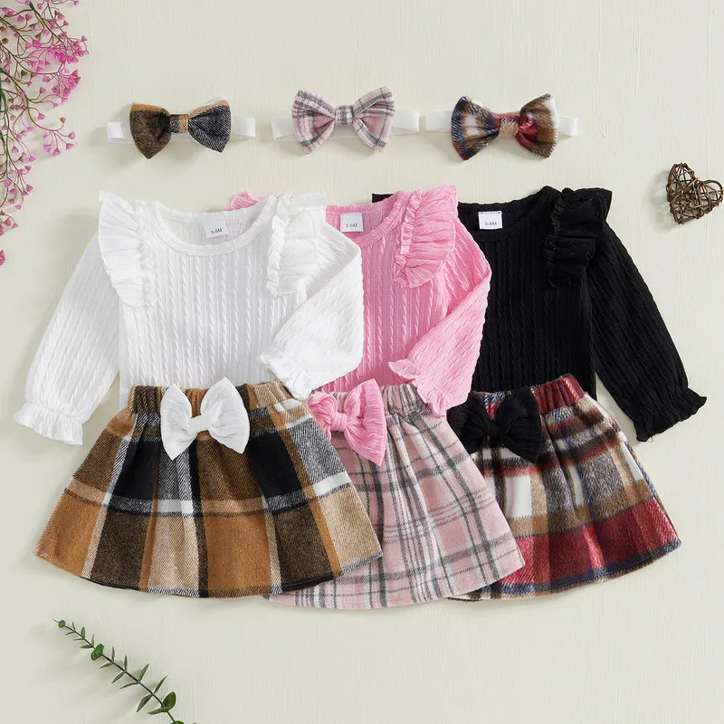 0 to 18 Months Baby Girls Skirt Sets Spring Autumn Clothes Long Sleeve Bodysuit and Plaid Print Skirt Cute Headband