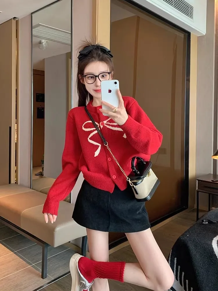 

Красный вязаный кардиган на Новый год, женский, модный, весенне-осенний, свободный, свитер-пальто, с узлом, для повседневной носки, в корейском стиле