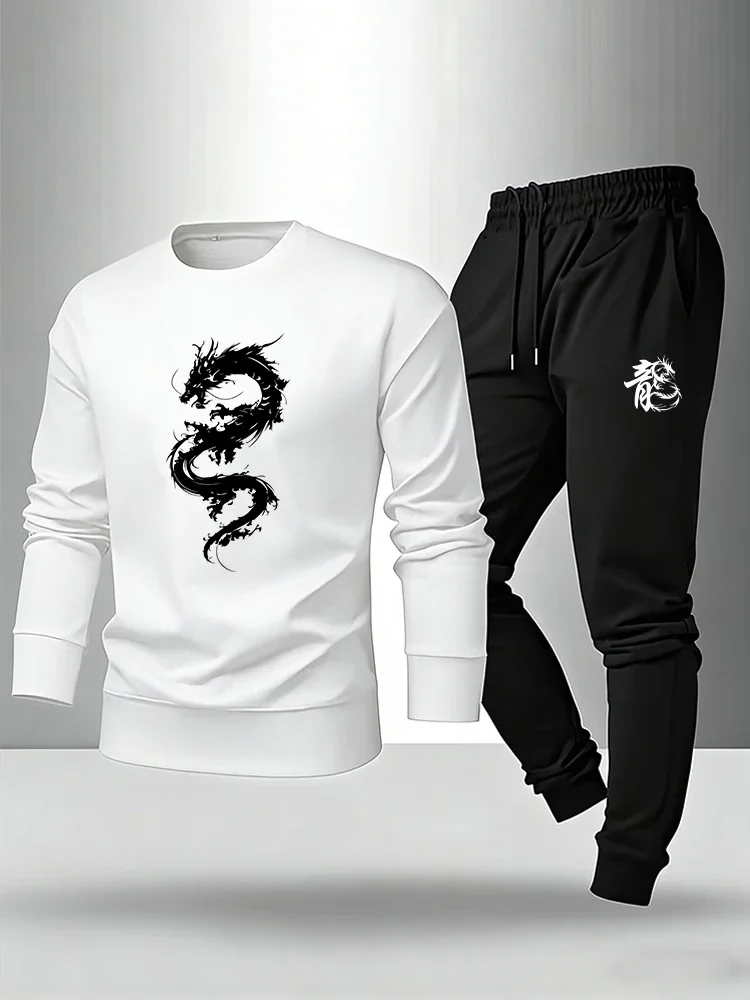 

Весенне-осенний повседневный комплект: пуловер и спортивные брюки для мужчин, домашняя и уличная одежда, комфортный теплый костюм с принтом китайского дракона, 2 предмета