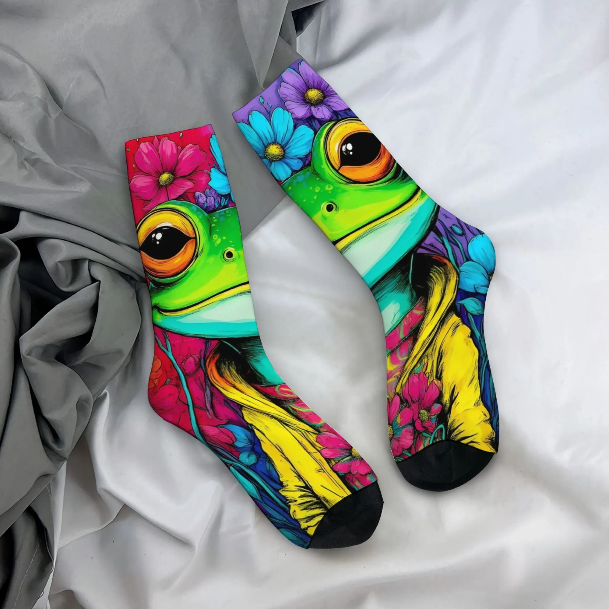 

Men Crew Socks Colorful Frog with Multicolor Flowers Fun Novelty Gift Socks Fashionable Mid-Calf Soft & Comfortable for Outdoor