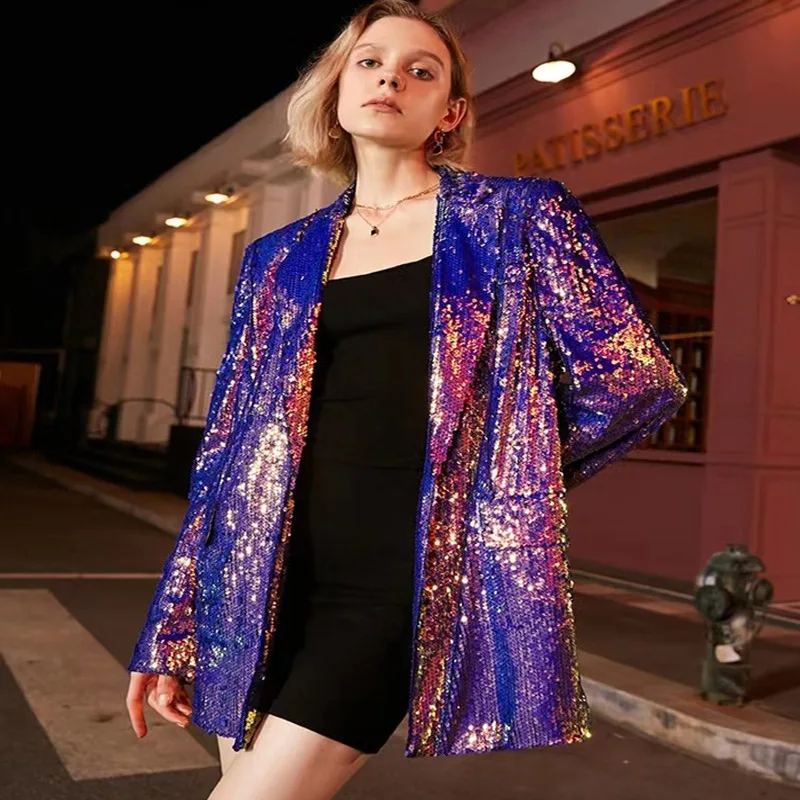 

European style cool color heavy industry sequin suit jacket suit collar INS style one button fashion coat