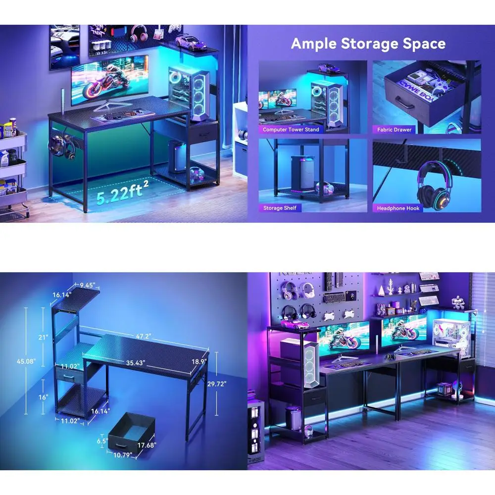 

Игровой стол с 48 светодиодами, с местом для хранения, двусторонний, с тканевой отделкой, черный карбон