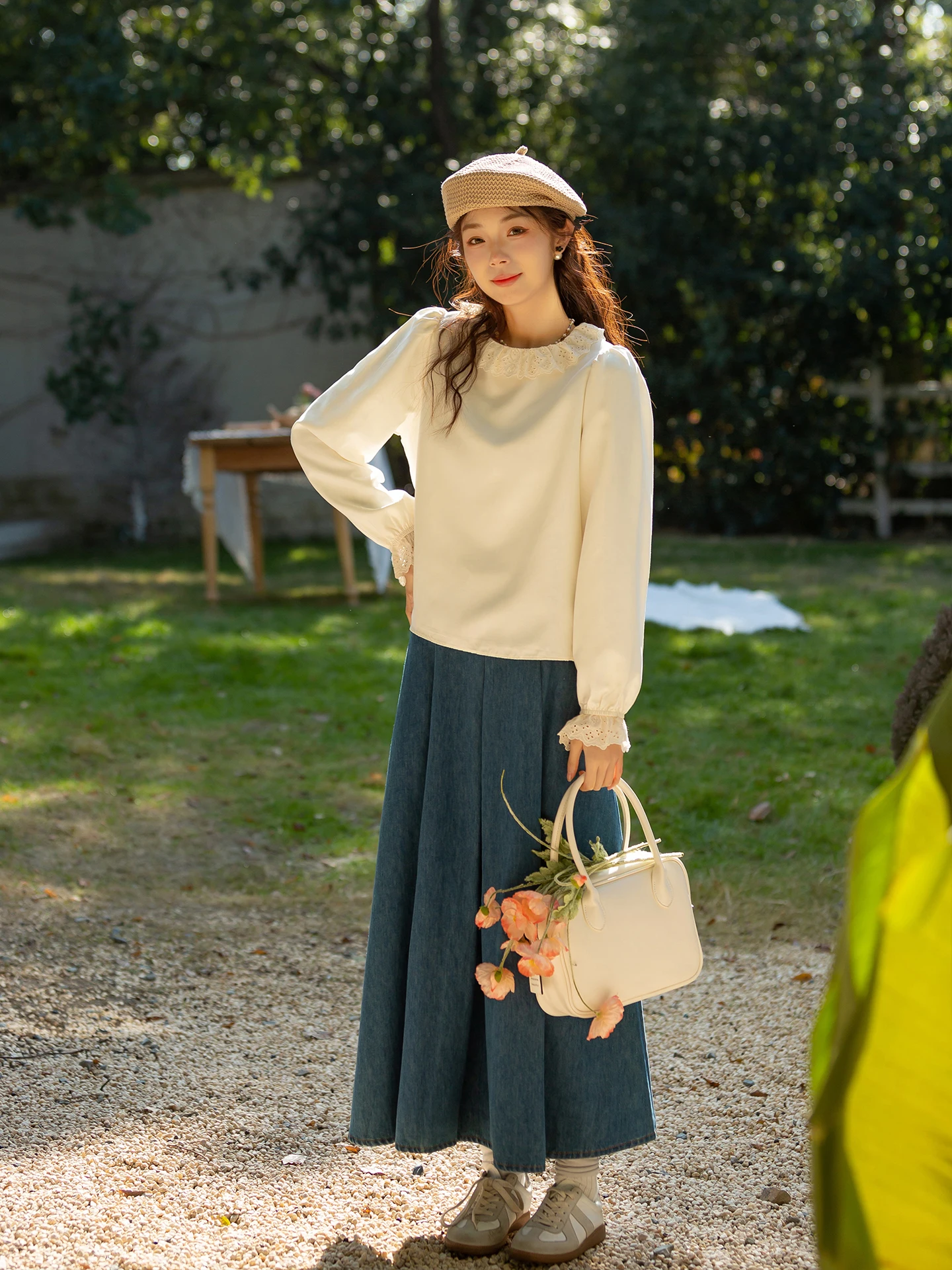 

Early Spring Long Sve Set Women's Denim Skirt irt Two-Piece Suite Gentle Breeze Monocomatic Left Bank Sle