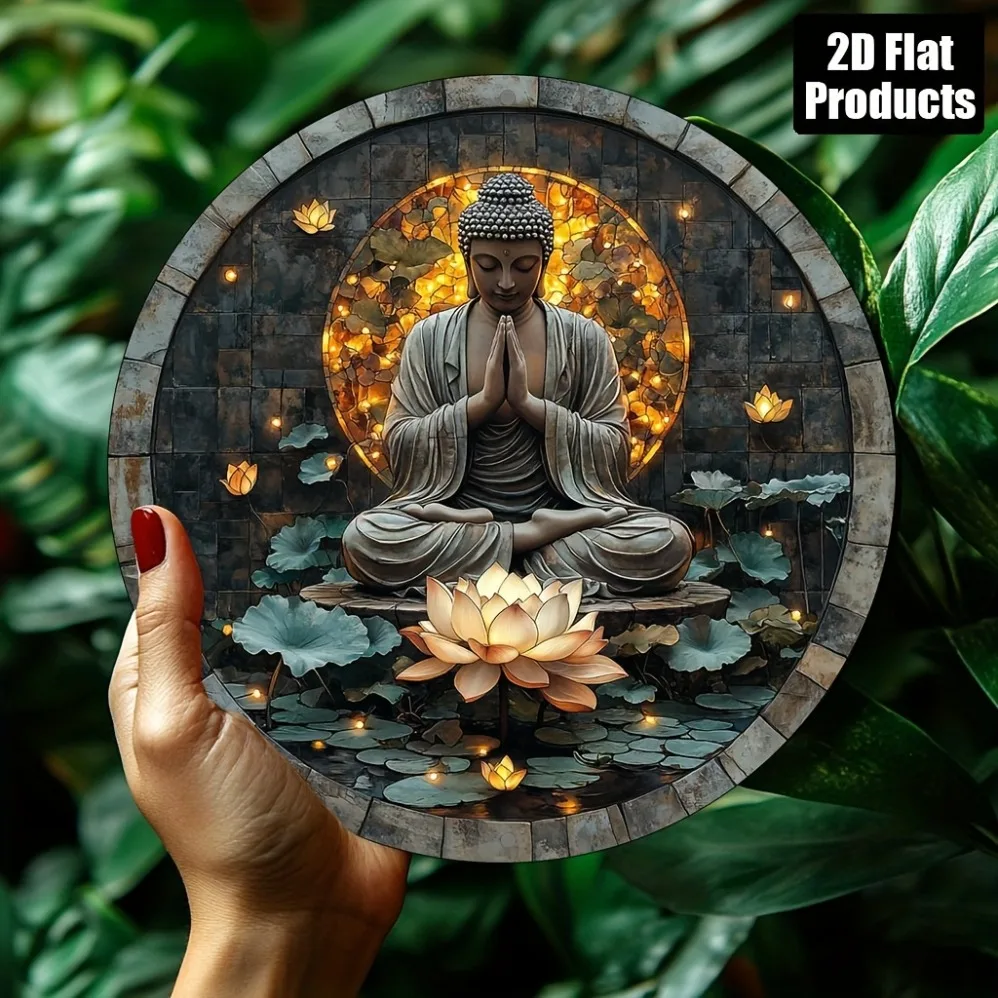 2D Flat Vintage Zen Buddha Aluminum Metal Sign – Round Wall Art Plaque with Illuminated Buddha & Lotus, Great for Home/Office