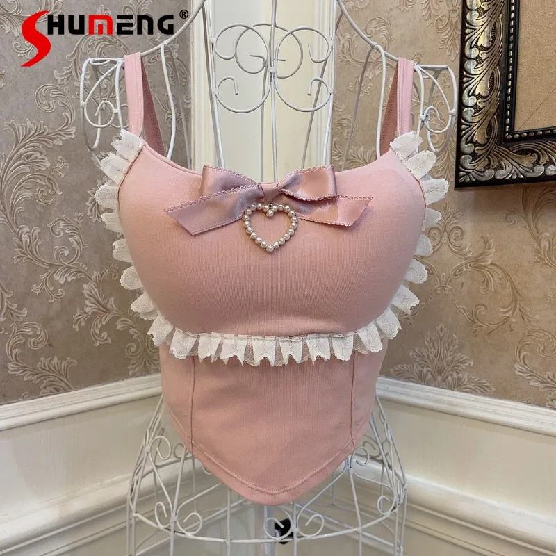 

2023 Hot Girl Bow Chest-Flattering Big Heart-Shaped Wooden Ear Slim Fit Midriff-Baring Short Top Padded Strap Vest Y2k Camisoles