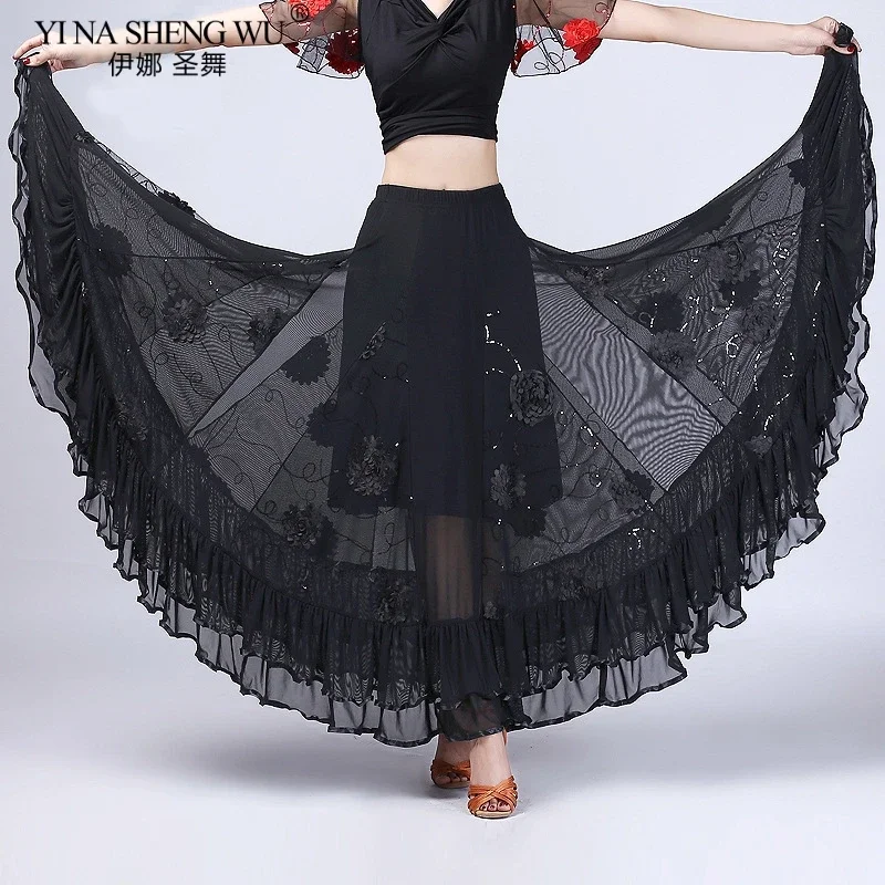 Nuevo traje de baile moderno para mujer, falda de baile de salón de vals Flamenco, faldas espanas de columpio grande en capas de competición clásica