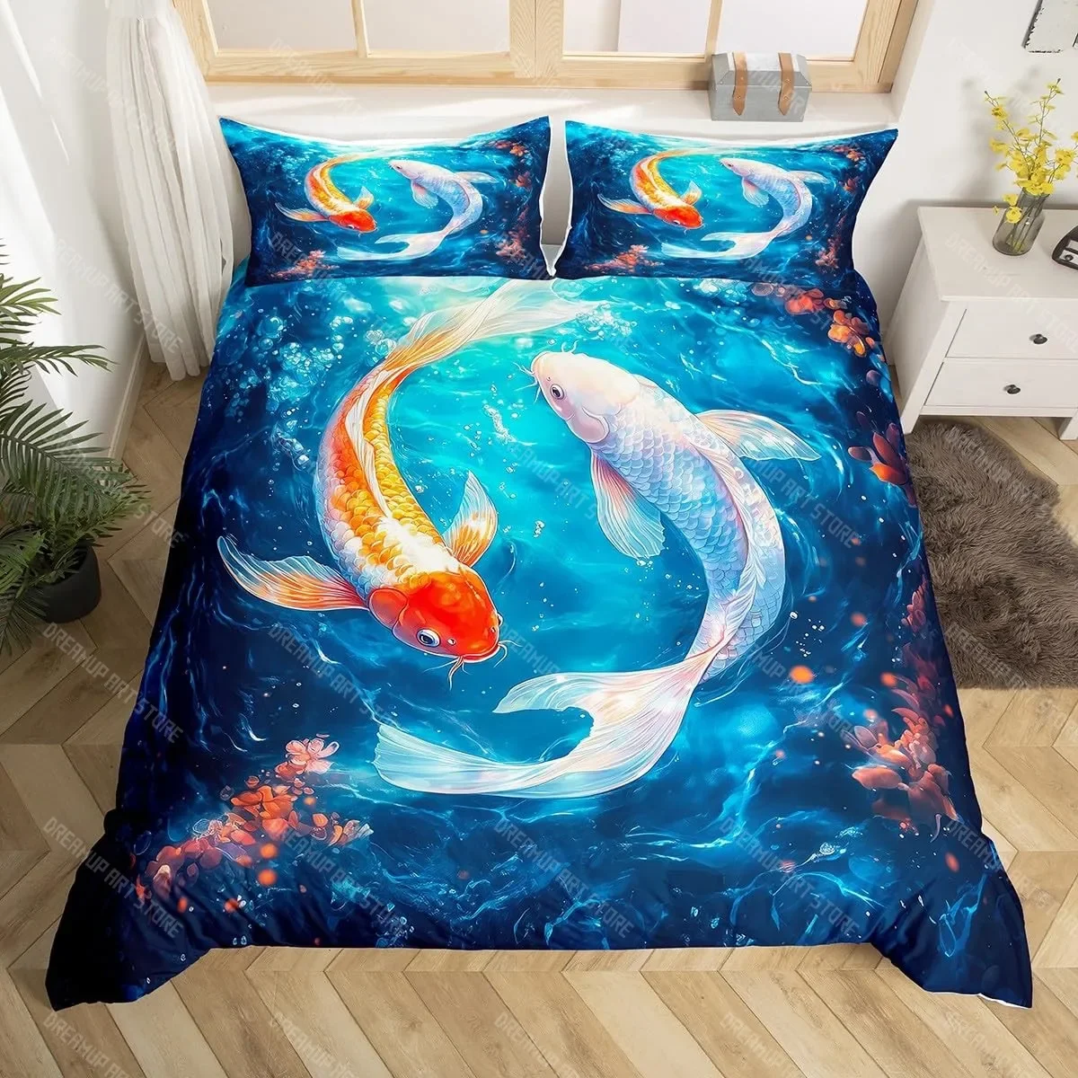 

Japanese Goldfish Duvet Cover Set Fantasy Yin Yang Cherry Blossom Flowers Comforter Cover Set Blue Sea Wave Breathable Bedding