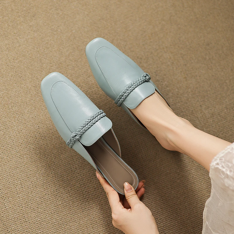 2025 Summer Women Shoes Genuine Leather Square Toe Women Sandals Solid Modern Sandals for Women Low-heel Women's Mules Shoes