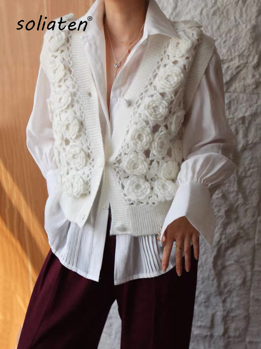 Hand Crocheted Rose Sweater Vest For Women Wool Ball Bat Needle Thick Line Loose and Thin Short Sweater Cardigan Women C-220