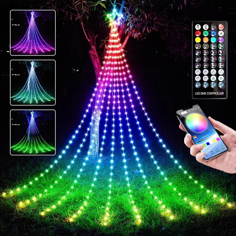 9X3M 305LED App Control Christmas Tree Star Waterfall Light Holiday USB Powered Smart Topper Hanging String Light With Remote