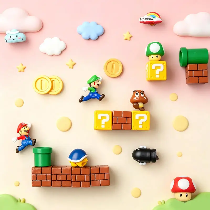 Imán de Resina 3D de Super Mario, Set de Escenas de Dibujos Animados Kawaii, Toad, Luigi, Peach, Moneda Dorada, Decoración para Cocina y Hogar, Adorno, Regalo para Niños