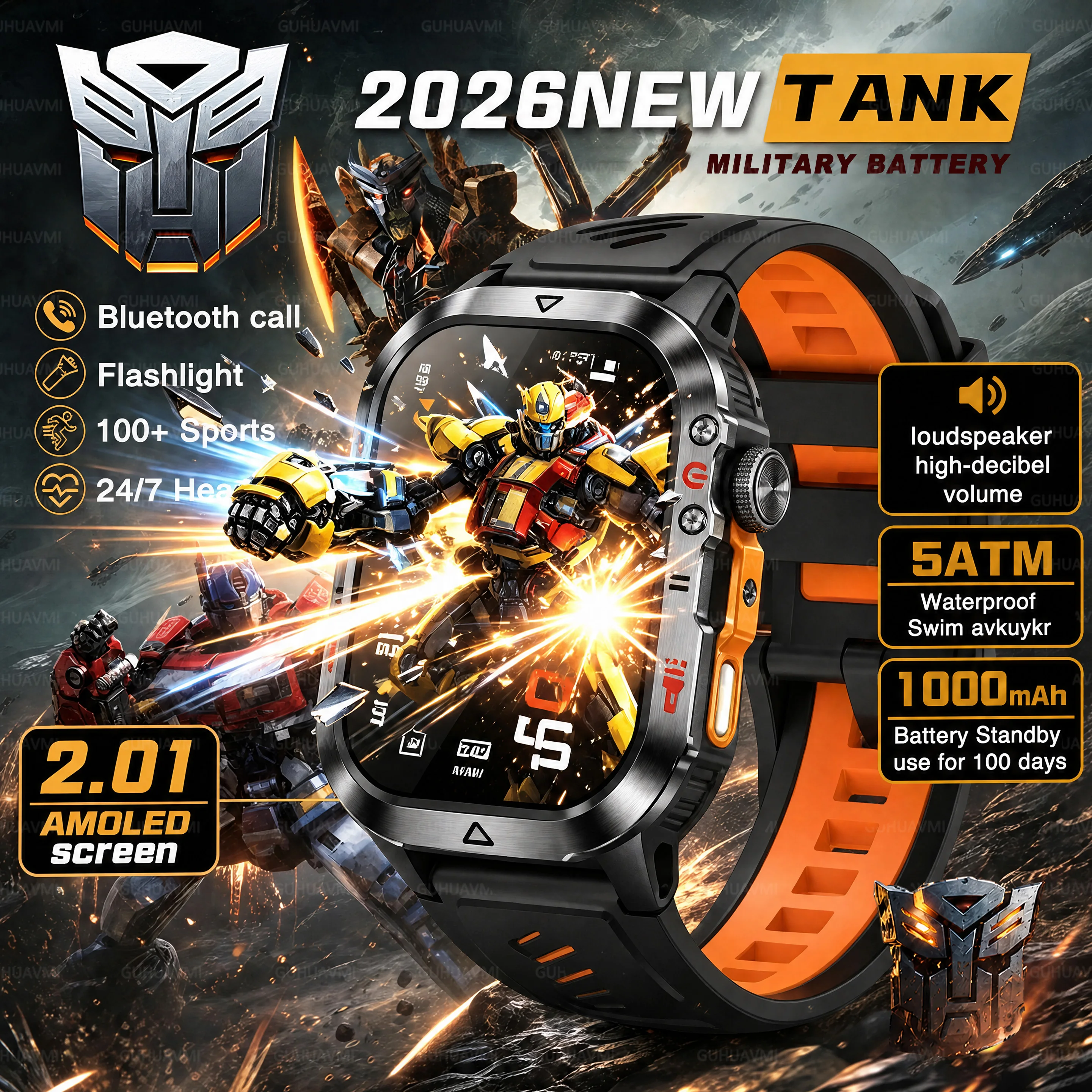 2026NEW Transformers TANK Military SmartWatch 1000mAh 2.01-Inch AMOLED 5ATM Waterproof Outdoor Sports Fitness BT Call Wristwatch