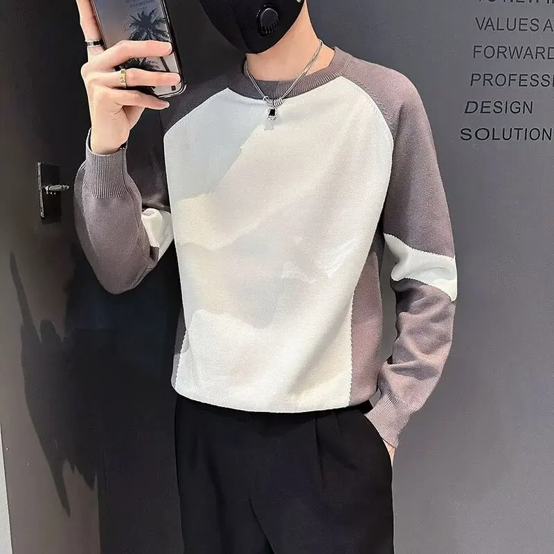 Men Patchwork Contrast Color Fashion Raglan Sleeves Minimalist Casual Long Sleeved Knitted Pullovers Top 2024 Trendy Autumn