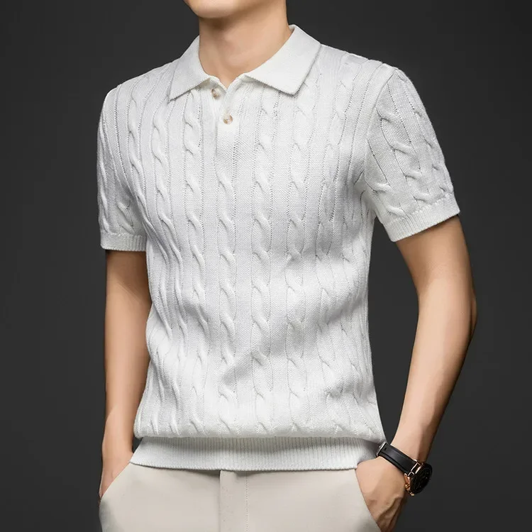 100% Baumwolle Herren Strick-Poloshirt Kurzarm Baumwolle Zopfmuster Retro Umlegekragen Lässiges Business-Oberteil – Detail 17