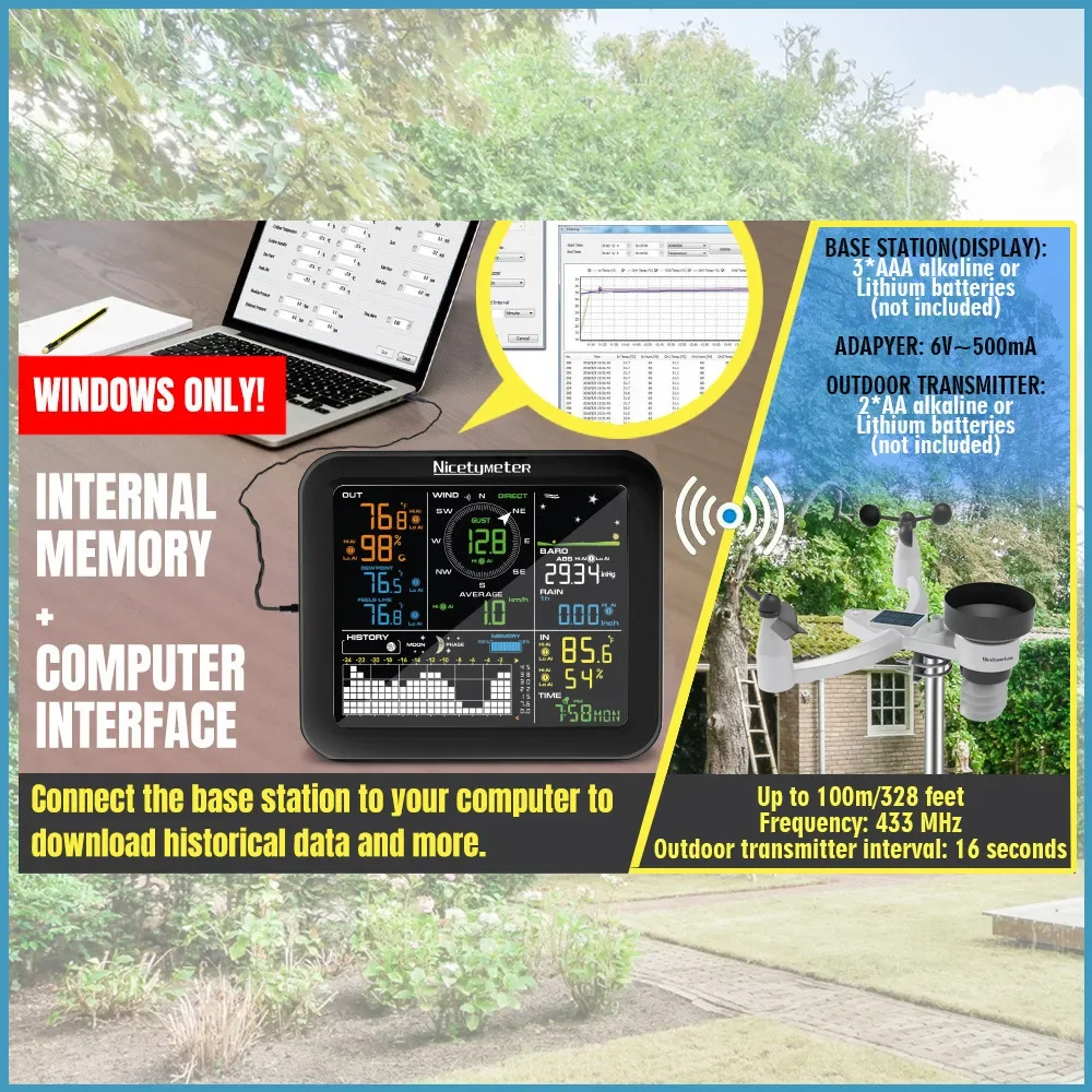 Wireless Multifunctional Meteorological Station Wind Speed Wind Direction Rainfall Temperature Humidity 24H/48H Weather Forecast