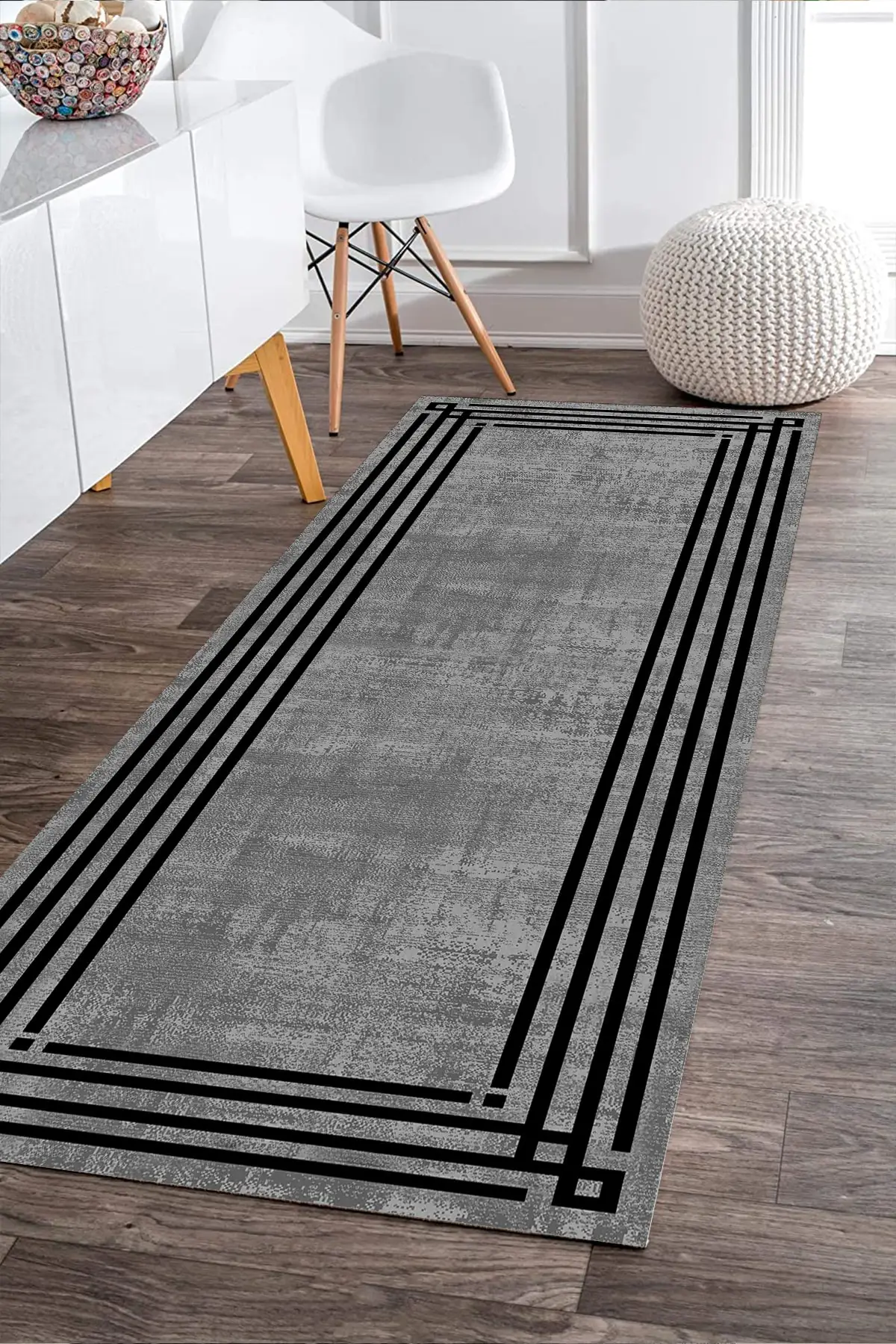 

Gray glossy floor square hall carpet with black frame