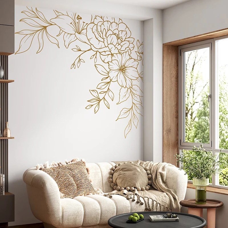 Minimal Line Drawing Flowers Corner Wall Decals, Accent Wall Floral Line Drawing, Focal Wall Artwork, Apartment Décor,  E601