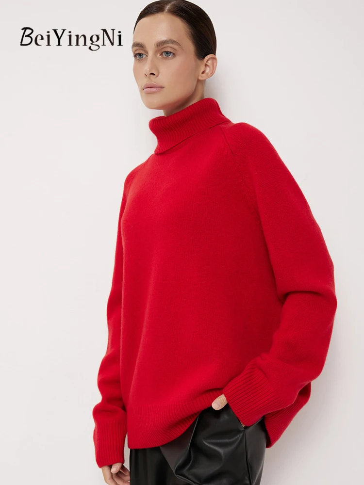 

Beiyingni Women's Wool Warm Sweater Solid Color Oversized Knitted Pullovers Female Casual Autumn Winter Soft Turtleneck Sueter
