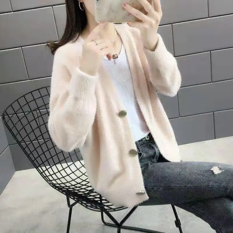 2023 Spring and Autumn Women\'s New Fashion Commuter Mink Fleece Cardigan Coat Loose Korean Short Comfortable Versatile Sweater