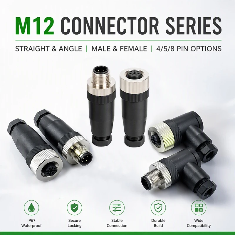 M12 Solderless Aviation Plug Socket IP67 Waterproof Male Female Screw Pressing Line 4 5 8 12 Pin Power Sensor Connector PG7