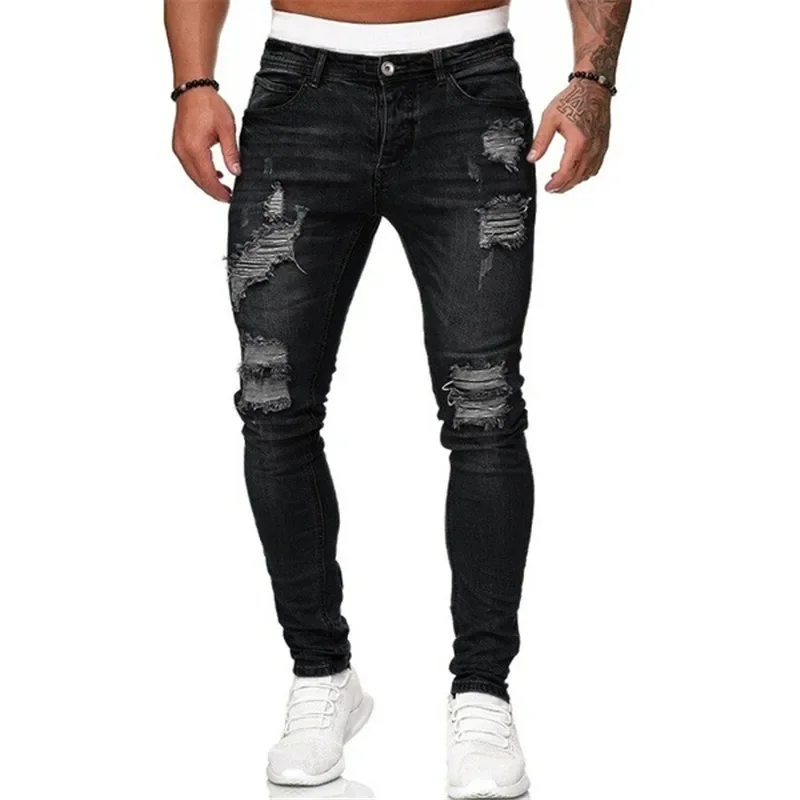 

Men's Denim Pants Sweatpants Sexy Hole Jeans For 2021 Casual Summer Autumn Male Ripped Skinny Trousers Slim Biker Outwears Pants